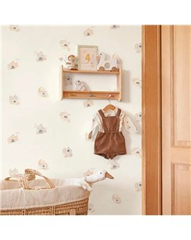 Ref.OUTT202891201 ambiente con once upon a time 3 casitas de pájaros sobre fondo Blanco en tonos Beige, Violeta, Ocre y Gris