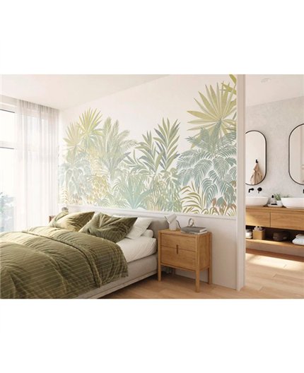 Ref.CANP202677108V estancia decorada con mural jungla Multicolor y fondo Blanco Roto, canopee