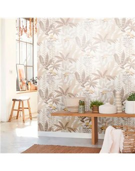 Ref.CANP202631313 ambiente real de jungla tropical canopee, sobre fondo Blanco Roto en tonos Beige, Gris y Amarillo