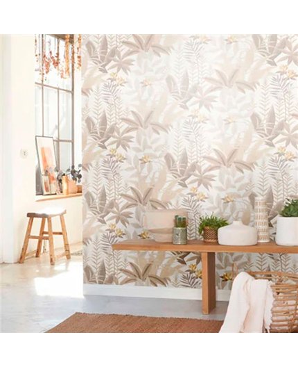 Ref.CANP202631313 ambiente real de jungla tropical canopee, sobre fondo Blanco Roto en tonos Beige, Gris y Amarillo