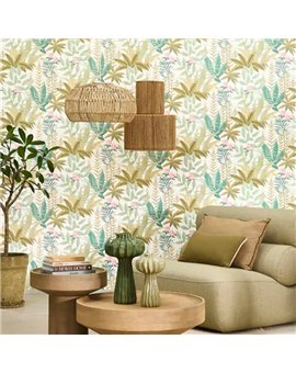 Ref.CANP202637337 ambiente real de jungla tropical canopee, sobre fondo Blanco Roto en tonos Verde, Beige y Rosa
