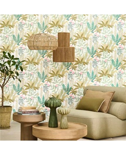 Ref.CANP202637337 ambiente real de jungla tropical canopee, sobre fondo Blanco Roto en tonos Verde, Beige y Rosa