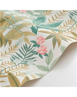 Ref.CANP202637337 ambiente con canopee jungla tropical Verde, Beige y Rosa sobre fondo Blanco Roto