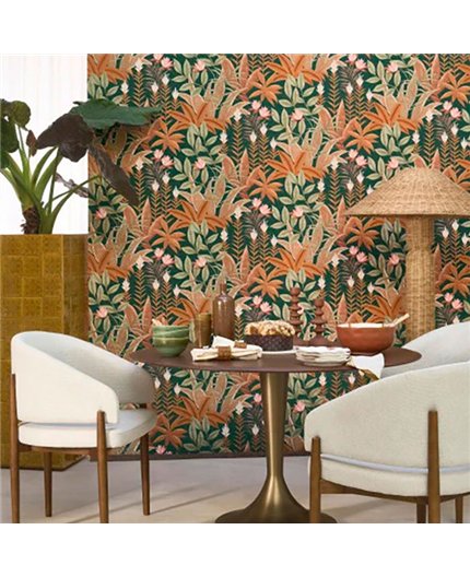 Ref.CANP202637606 foto de ambiente jungla tropical canopee fondo Verde con Ocre, Marrón, Verde, Rosa y Blanco Roto