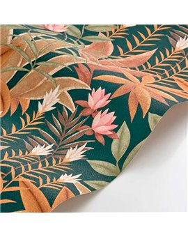 Ref.CANP202637606 estancia decorada con jungla tropical Ocre, Marrón, Verde, Rosa y Blanco Roto y fondo Verde, canopee