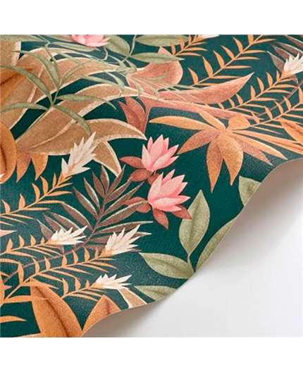 Ref.CANP202637606 estancia decorada con jungla tropical Ocre, Marrón, Verde, Rosa y Blanco Roto y fondo Verde, canopee