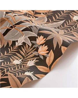 Ref.CANP202639559 estancia decorada con jungla tropical Gris, Marrón, Naranja y Blanco Roto y fondo Negro, canopee