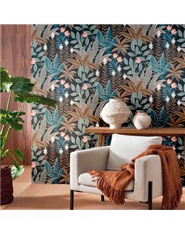 Ref.CANP202636464 foto de ambiente jungla tropical canopee fondo Azul con Verde, Marrón, Naranja y Blanco Roto