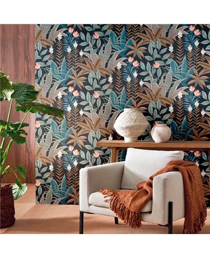 Ref.CANP202636464 foto de ambiente jungla tropical canopee fondo Azul con Verde, Marrón, Naranja y Blanco Roto