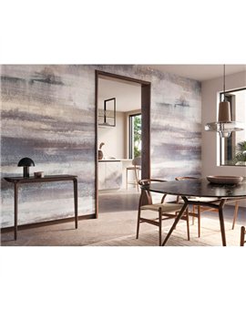 Ref.BATE202816810V ambiente real de mural pinceladas basalte, sobre fondo Beige en tonos Azul y Gris