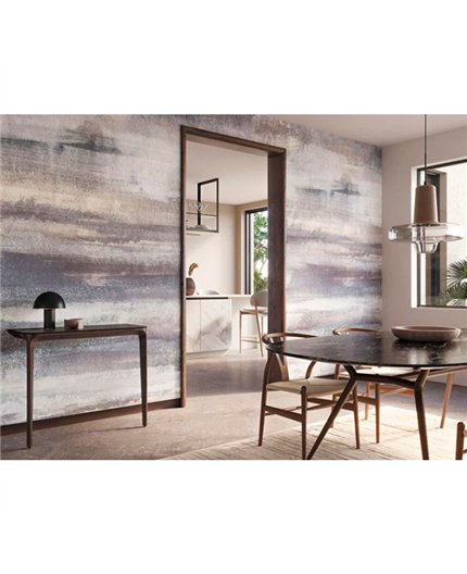 Ref.BATE202816810V ambiente real de mural pinceladas basalte, sobre fondo Beige en tonos Azul y Gris