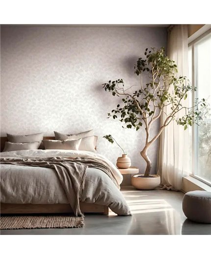 Ref.AB2501 ambiente con absolute hojas trepadoras Gris y Nácar sobre fondo Blanco Roto