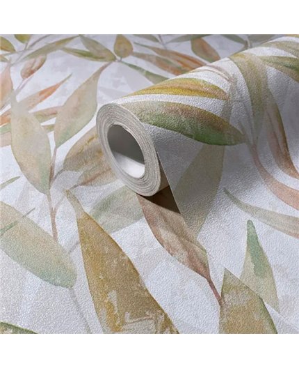 Ref.AB9042 foto de ambiente hojas de sauce absolute fondo Blanco Roto con Verde, Ocre y Topo