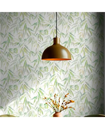 Ref.AB9041 estancia decorada con hojas de sauce Verde, Amarillo y Gris y fondo Blanco Roto, absolute