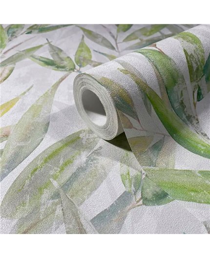 Ref.AB9041 ambiente real de hojas de sauce absolute, sobre fondo Blanco Roto en tonos Verde, Amarillo y Gris