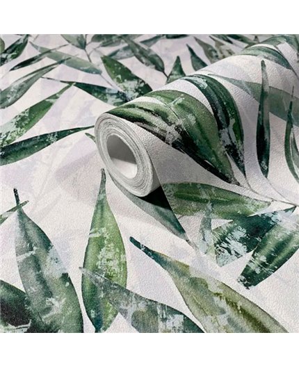 Ref.AB9039 ambiente real de hojas de sauce absolute, sobre fondo Blanco Roto en tonos Verde, Gris y Negro