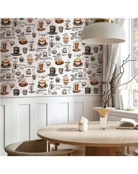 Ref.AB9043 estancia decorada con tazas de café Beige, Topo y Marrón y fondo Blanco Roto, absolute