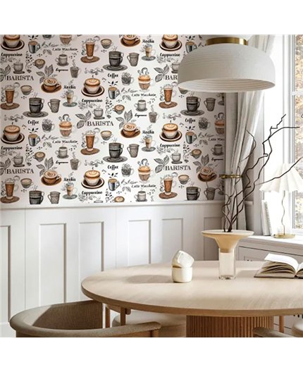 Ref.AB9043 estancia decorada con tazas de café Beige, Topo y Marrón y fondo Blanco Roto, absolute