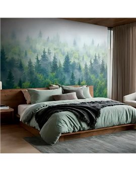 Ref.AB6453 estancia decorada con mural bosque niebla Gris y fondo Verde, absolute