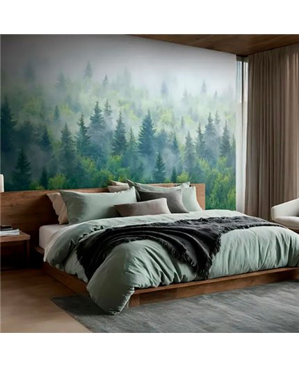 Ref.AB6453 estancia decorada con mural bosque niebla Gris y fondo Verde, absolute