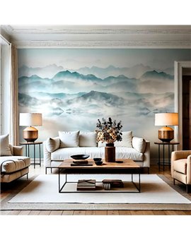 Ref.AB6465 ambiente real de mural montañas absolute, sobre fondo Gris en tonos Azul, Blanco Roto y Topo