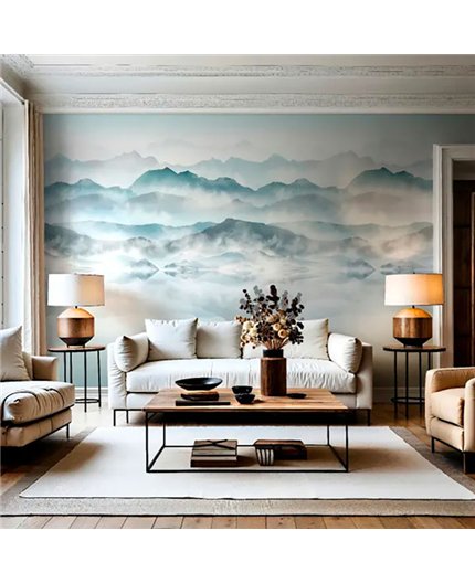 Ref.AB6465 ambiente real de mural montañas absolute, sobre fondo Gris en tonos Azul, Blanco Roto y Topo