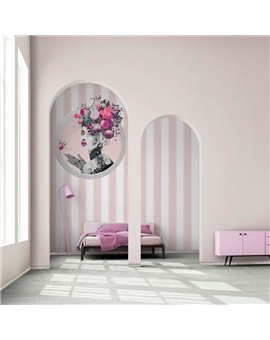 Ref.AB5606 foto de ambiente rayas con filete absolute fondo Blanco Roto con Rosa y Gris