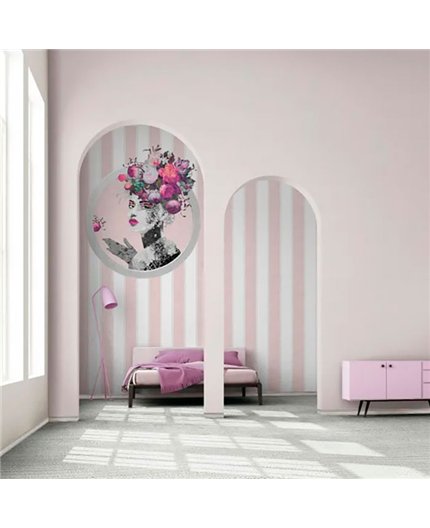 Ref.AB5606 foto de ambiente rayas con filete absolute fondo Blanco Roto con Rosa y Gris