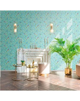 Ref.AB5622 ambiente real de pájaros exóticos absolute, sobre fondo Turquesa en tonos Multicolor