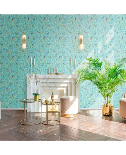 Ref.AB5622 ambiente real de pájaros exóticos absolute, sobre fondo Turquesa en tonos Multicolor